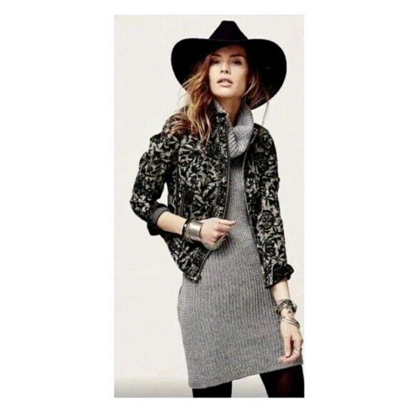 Free People Follow The Flock Moto Jacket Floral Jacquard Black Green Size 4 - Picture 2 of 8